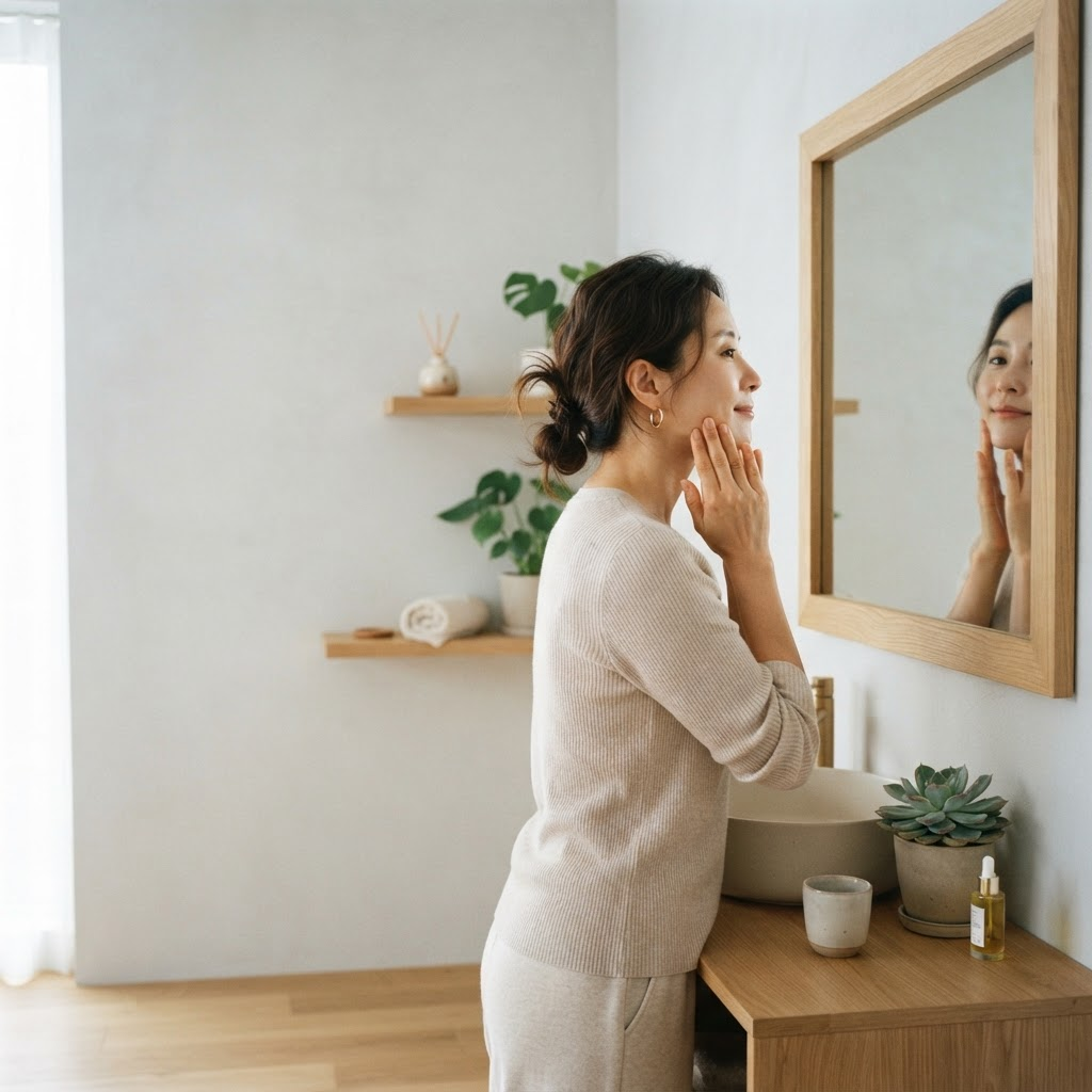 거울을 보며 자신의 얼굴과 턱선을 가볍게 마사지하는 여성
